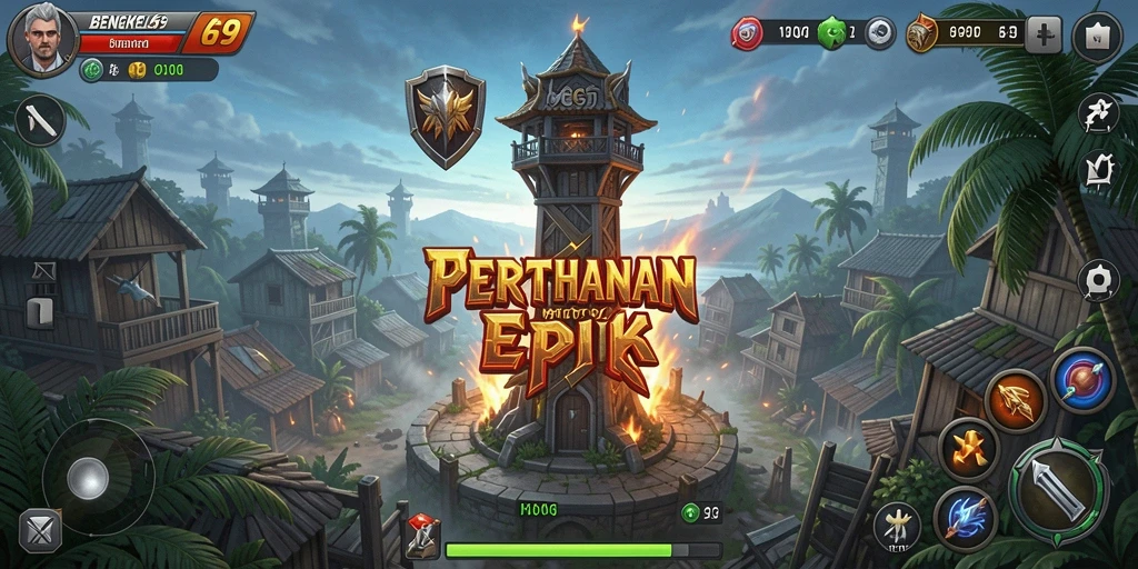 Screenshot BENGKEL69 menampilkan pertempuran Tower Defense yang intens.