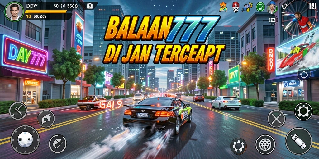 Screenshot utama DAY777 menampilkan aksi balapan intens di jalanan yang mengesankan.