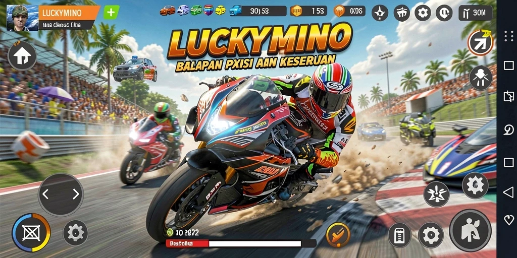 Screenshot gameplay LUCKYMINO menampilkan balapan motor yang seru dan cepat.