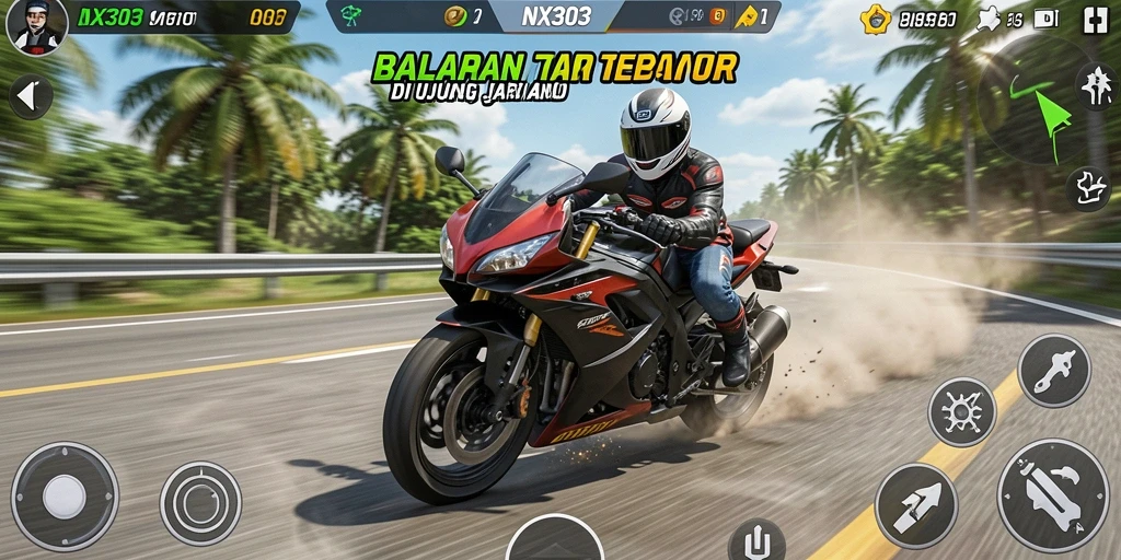 Tampilan gameplay NX303 dengan balapan motor yang mendebarkan dan grafis luar biasa.
