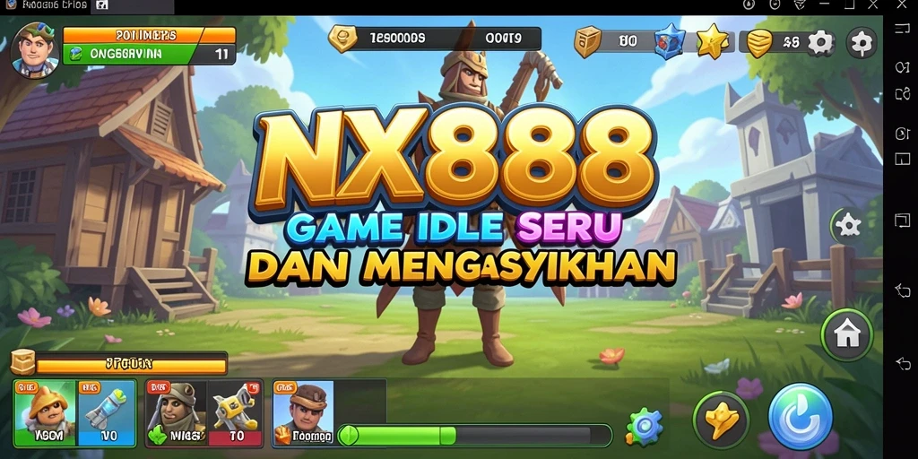 Gameplay NX888 dengan karakter yang mengumpulkan sumber daya secara otomatis.
