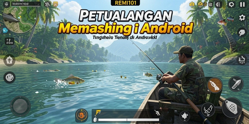 Screenshot REMI101 menunjukkan pemain sedang memancing di laut yang indah.